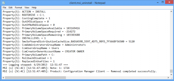 Configuration Manager client is removed successfully